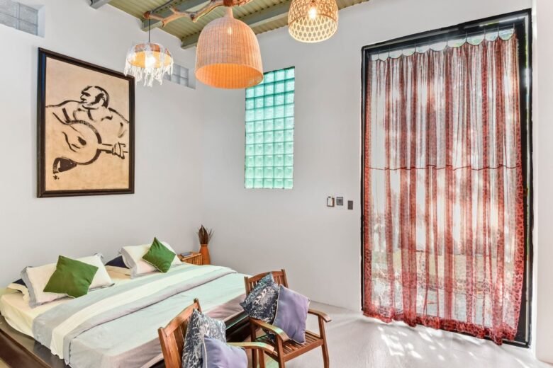 Studio room (no mezzanine) from the inside looking out to the large glass door